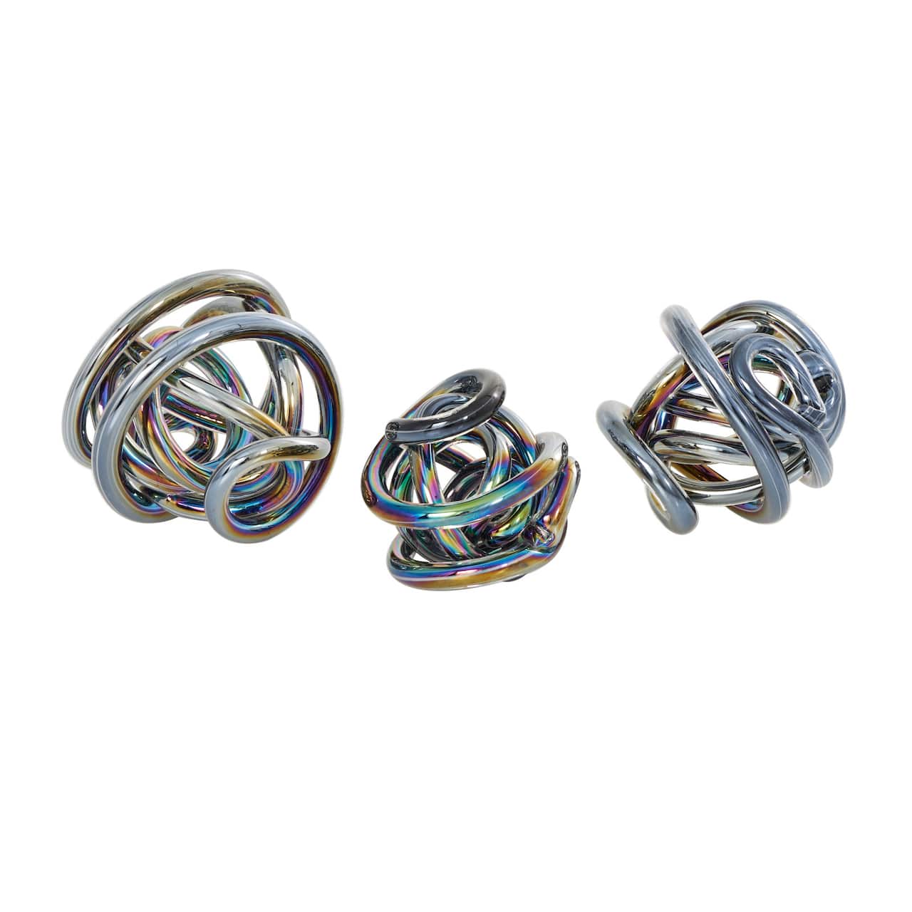 Silver Glass Abstract Iridescent Knotted Ball Sculpture Set